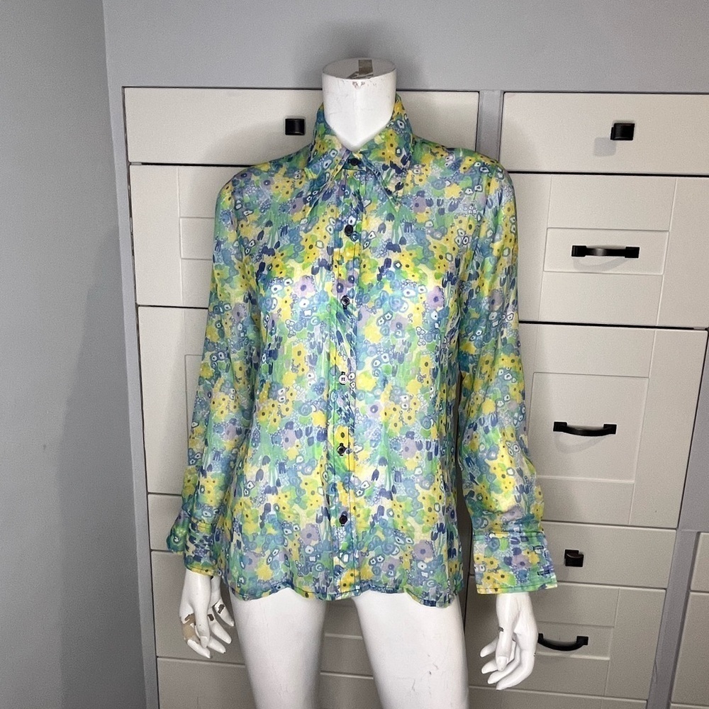 Vintage. Reflection. Semi sheer floral blouse. Button up. Blue yellow green..